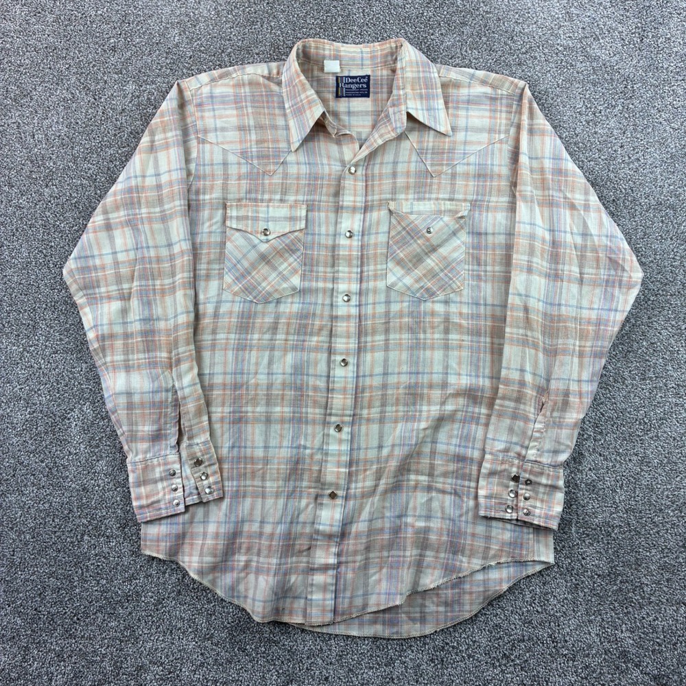 Vintage Dee Cee Rangers Shirt Mens XL Tan Plaid Western Pearl Snap USA Made